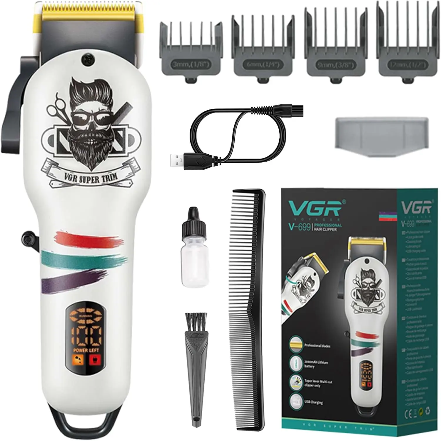 Tondeuse à cheveux et barbe sans fil - Ecran LED - V-699