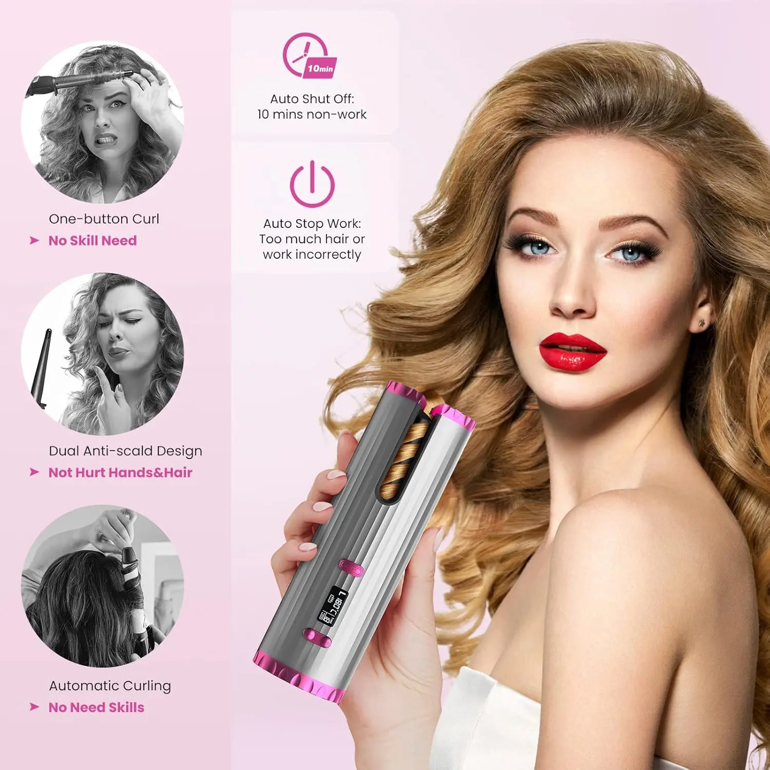 Boucleur a Cheveux Automatique, Fer à Friser Sans Fil, Bigoudi Anti-Brûlures Fer à Boucler, 6 Température et Minuterie