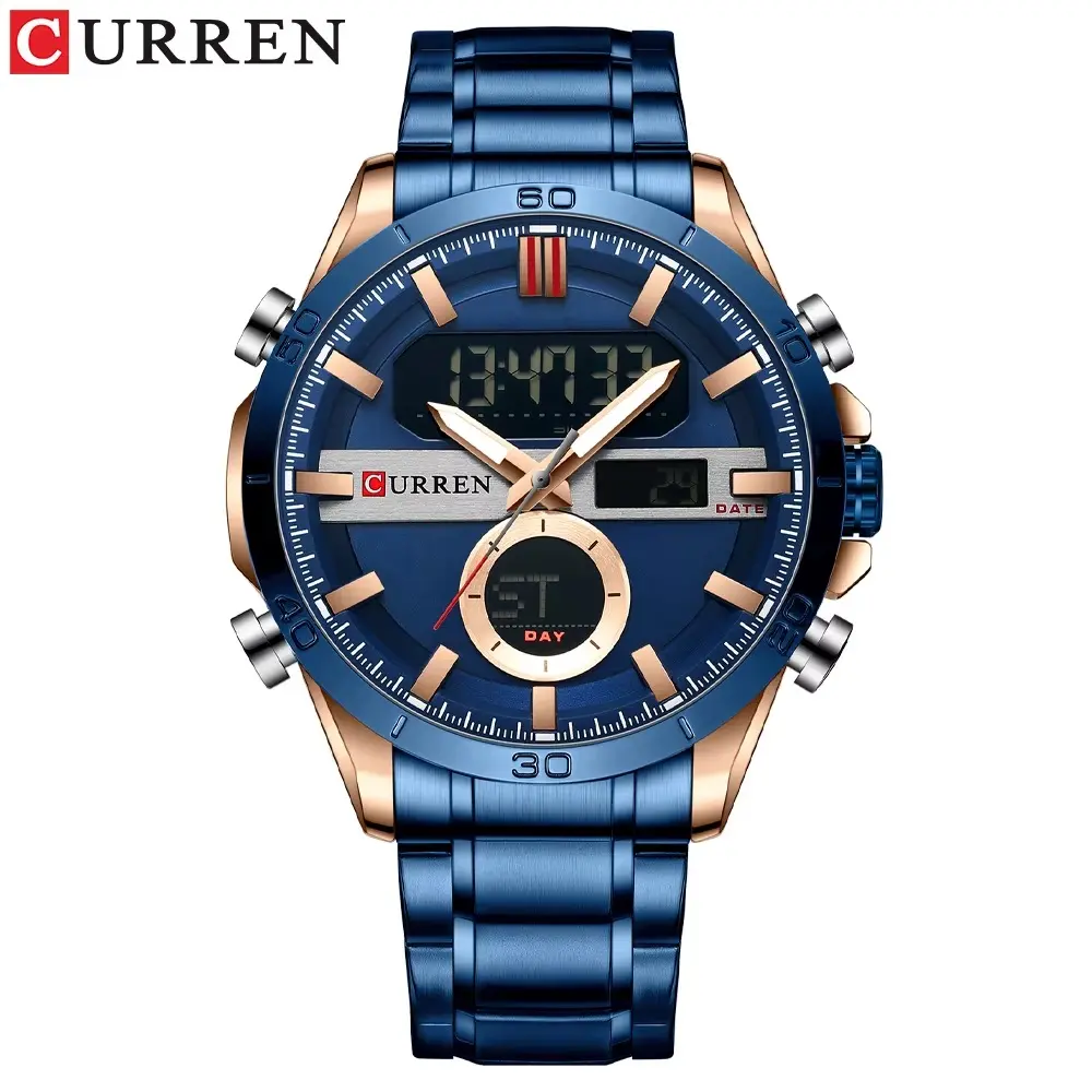 Curren Montre numérique à quartz en acier inoxydable Bleu pour homme,