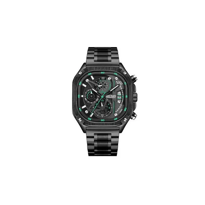 Megir Montre à quartz étanche pour homme - Cadran carré - Chronographe - Acier inoxydable