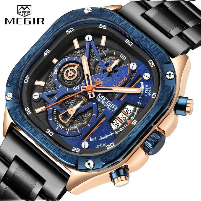 Montre Megir quartz étanche pour homme - Cadran carré - Chronographe - Acier inoxydable