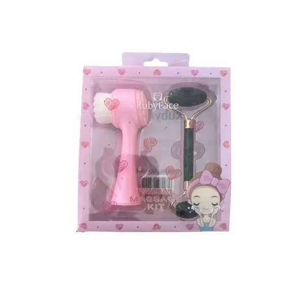 Kit de massage facial - Ruby Face - Rouleau en pierre & brosse nettoyante double face - Rose