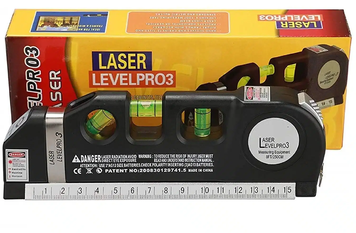 Lasers à lignes croisées avec ruban à mesurer standard de 8 pieds/2,5 m et règles métriques pour accrocher des images sur des murs en carrelage.
