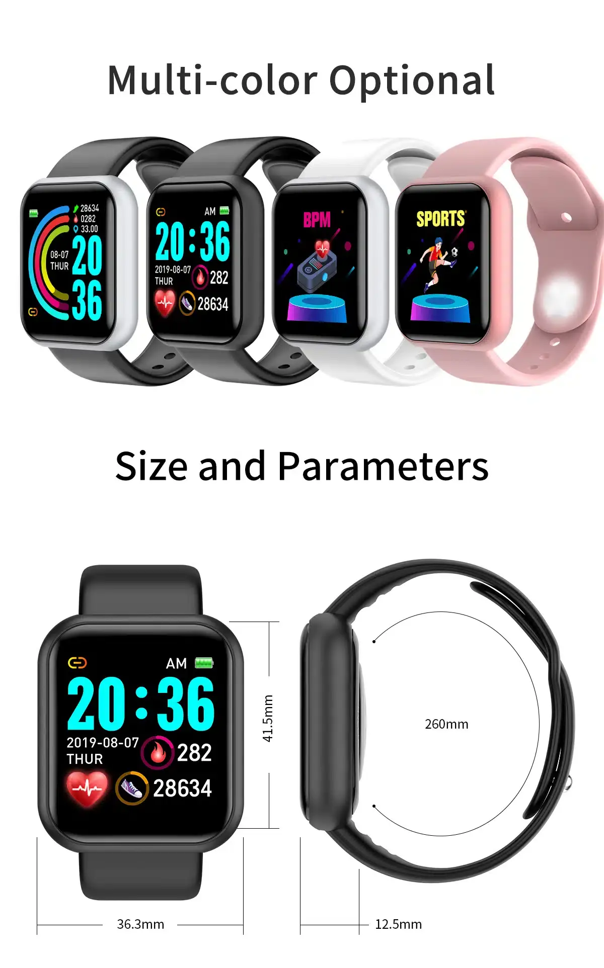 Montre connectée Y68 D20 Pro - Bluetooth - Moniteur d’activité physique - Moniteur de fréquence cardiaque - de pression artérielle, pour Android IOS