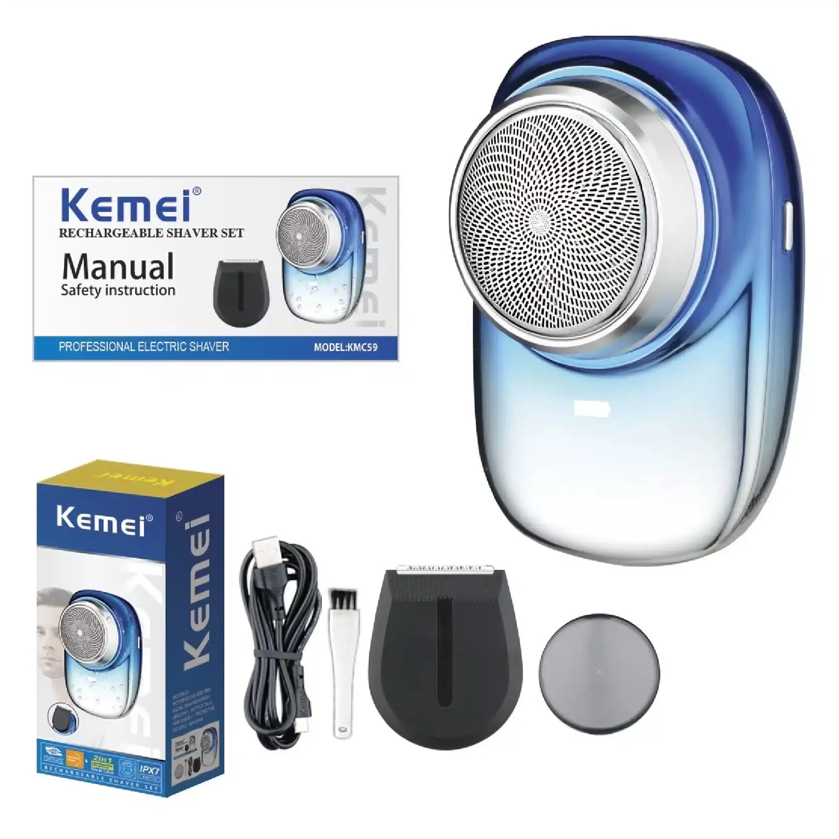 Rasoir électrique rechargeable - USB 2 en 1 - Kemei KM-C59